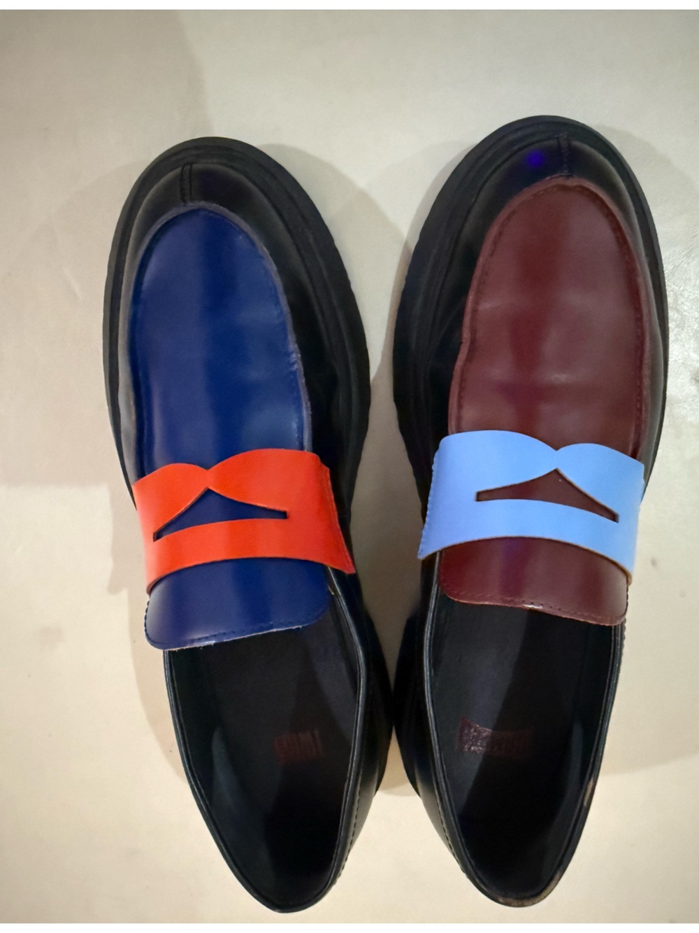 Camper Two-Tone Men’s Slip-On Loafers in Blue, Burgundy and Red-Orange